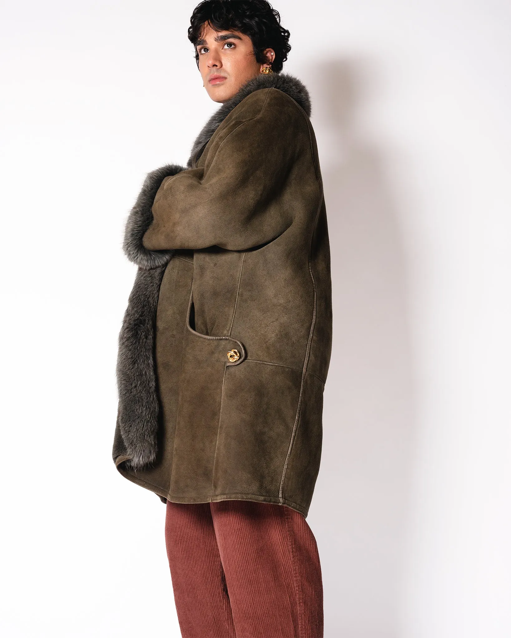 Nina  Ricci Olive Shearling Coat with Fur Collar and Cuffs