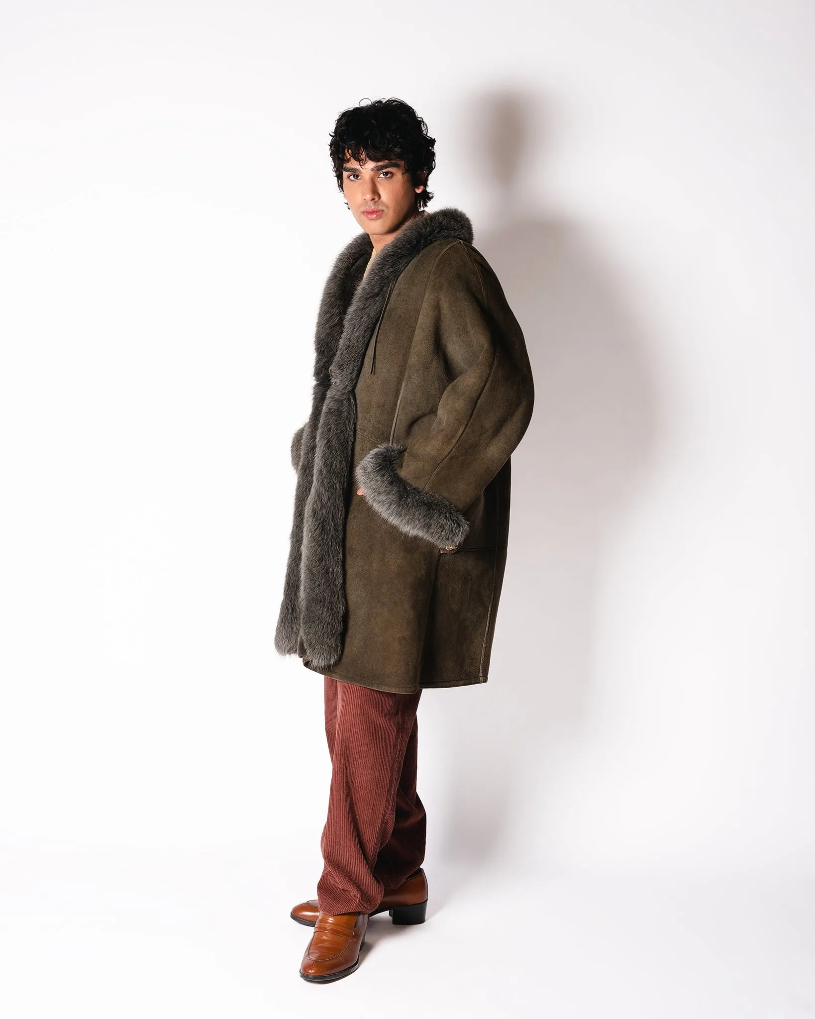Nina  Ricci Olive Shearling Coat with Fur Collar and Cuffs