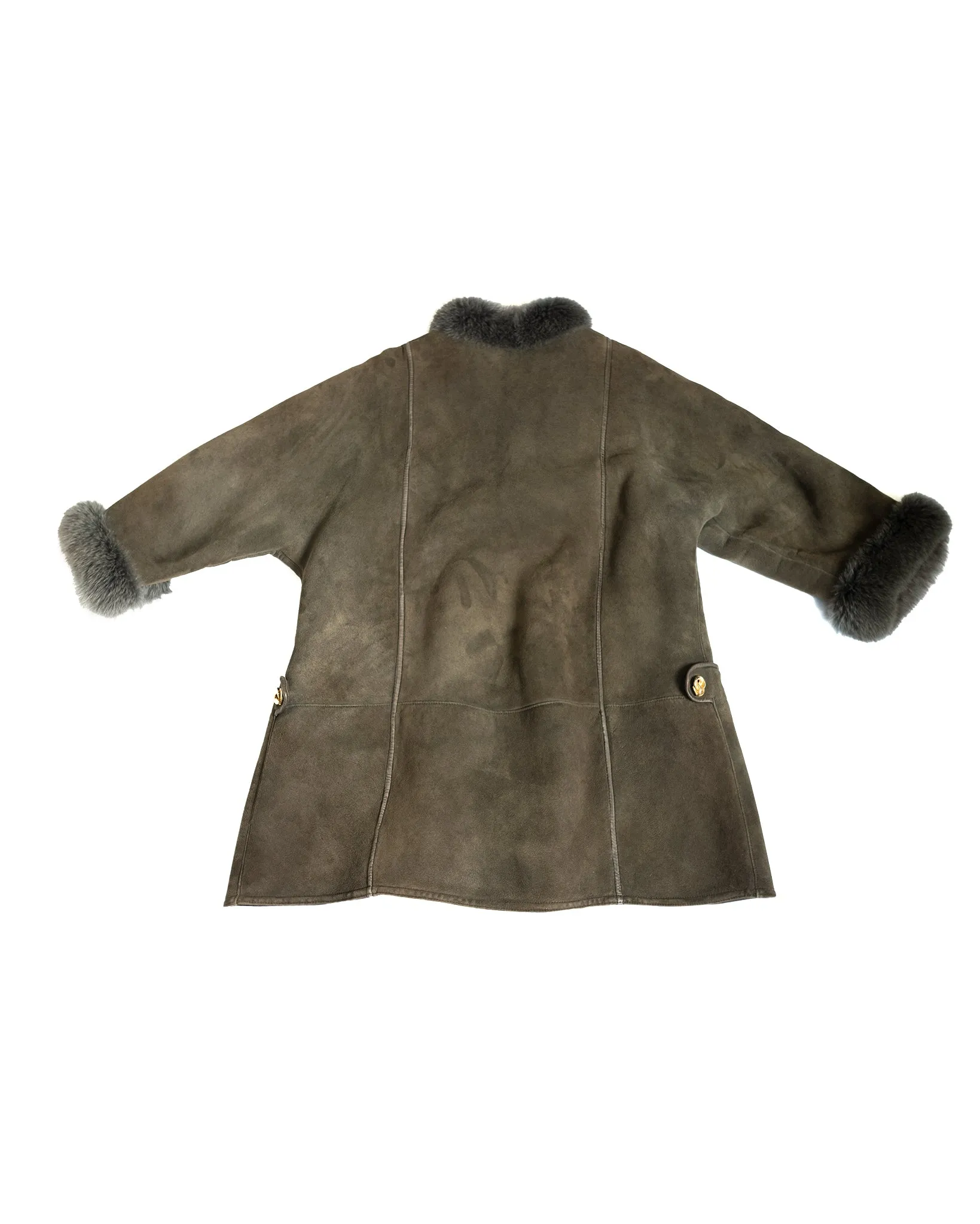 Nina  Ricci Olive Shearling Coat with Fur Collar and Cuffs