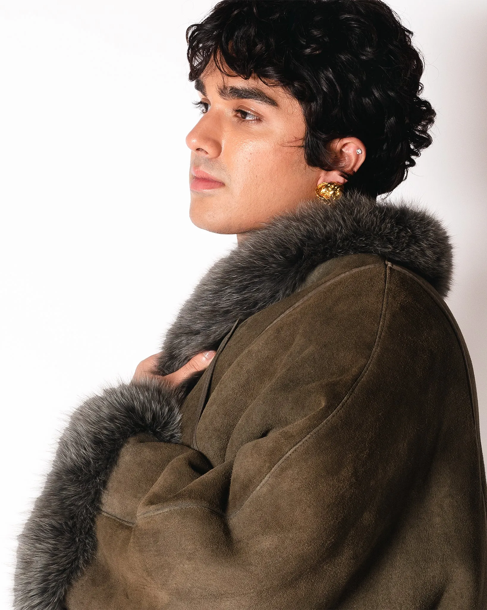 Nina  Ricci Olive Shearling Coat with Fur Collar and Cuffs