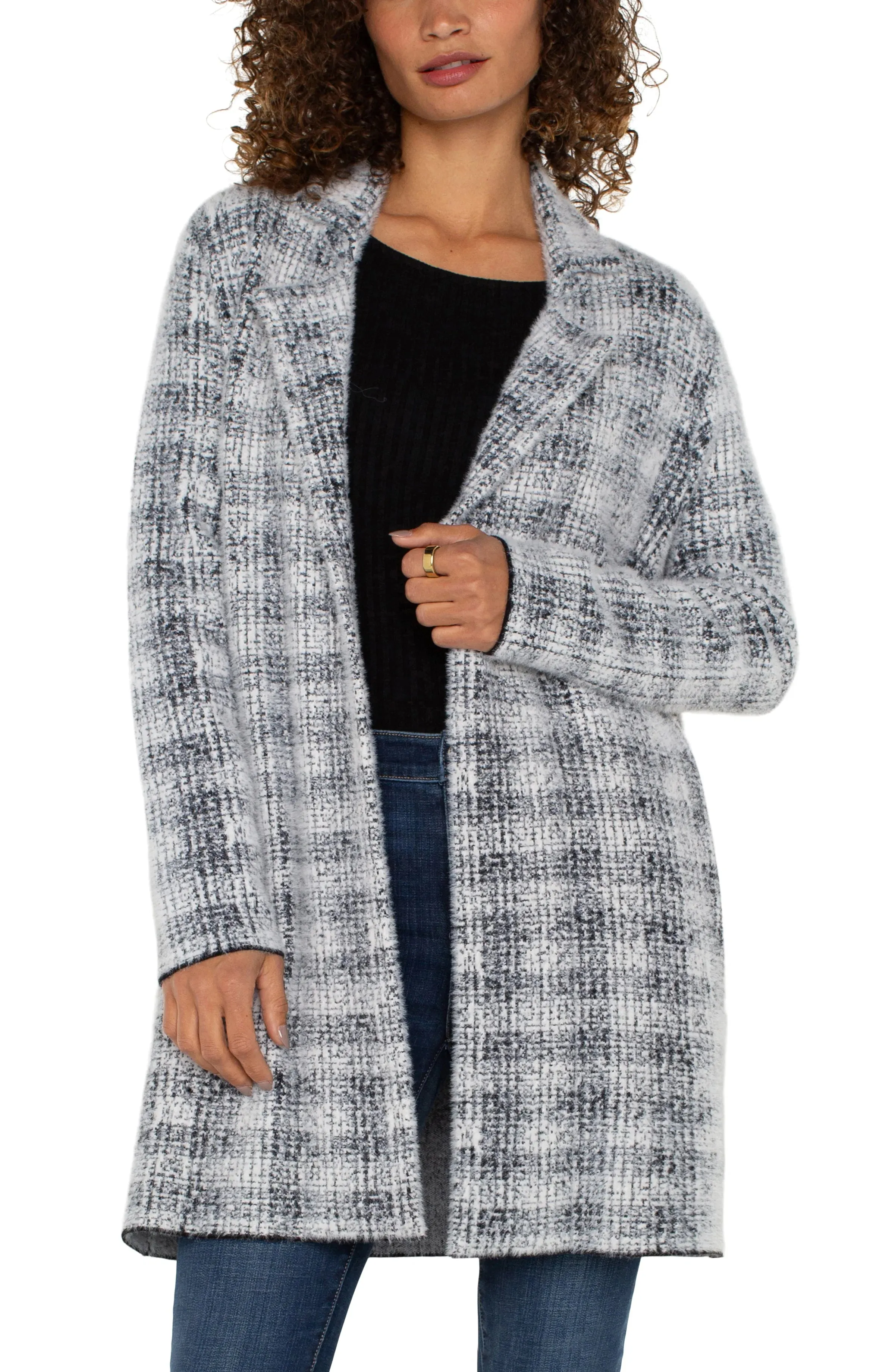 Open Front Coatigan Sweater - Grey/White Plaid
