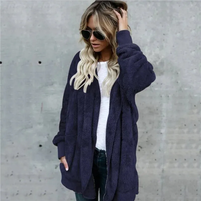 Plush Warm Jacket For Women Faux Fur Hooded Oversized Coat