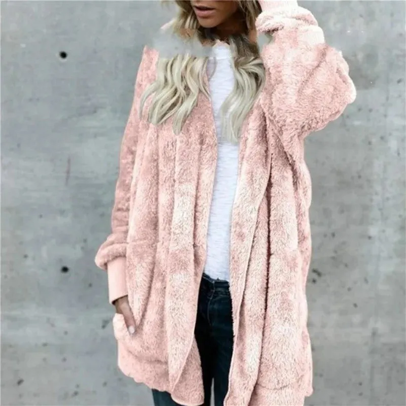 Plush Warm Jacket For Women Faux Fur Hooded Oversized Coat