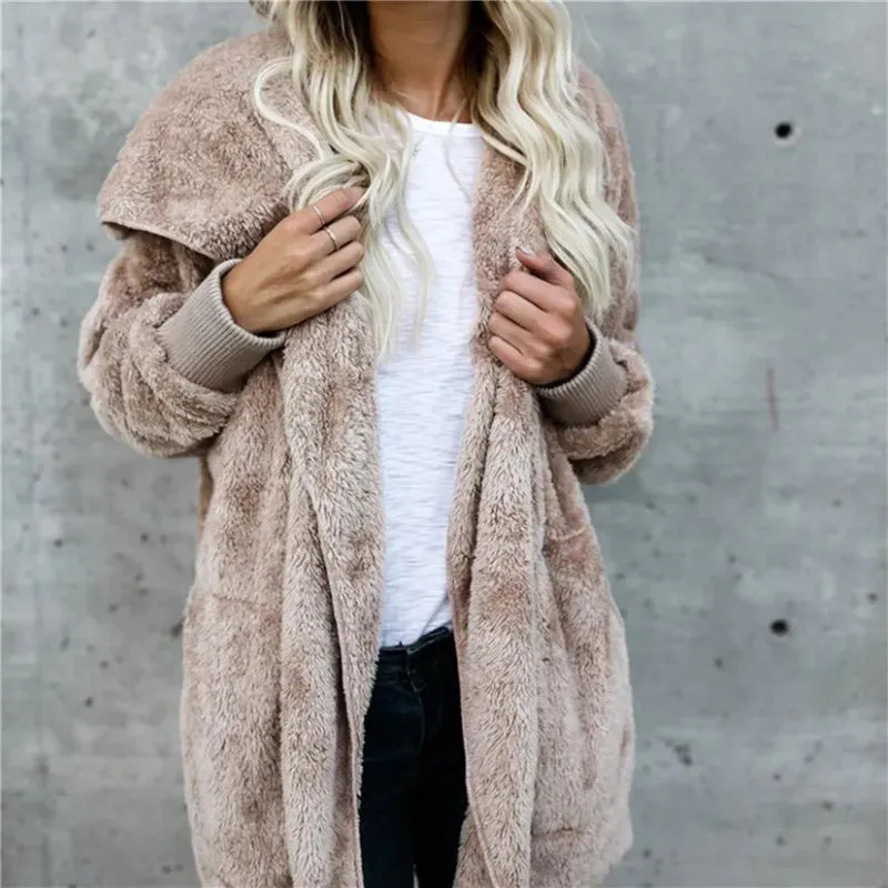 Plush Warm Jacket For Women Faux Fur Hooded Oversized Coat