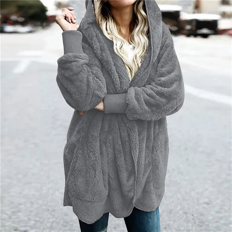 Plush Warm Jacket For Women Faux Fur Hooded Oversized Coat