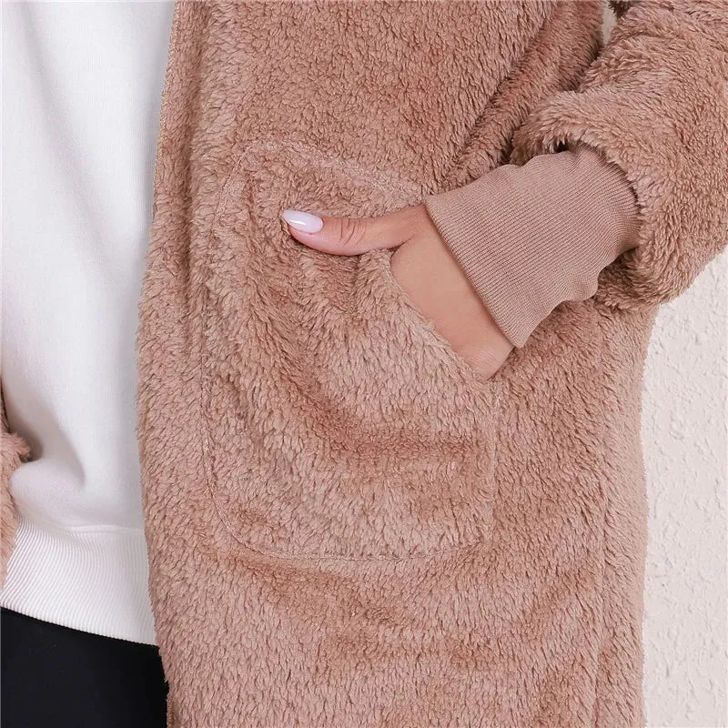 Plush Warm Jacket For Women Faux Fur Hooded Oversized Coat