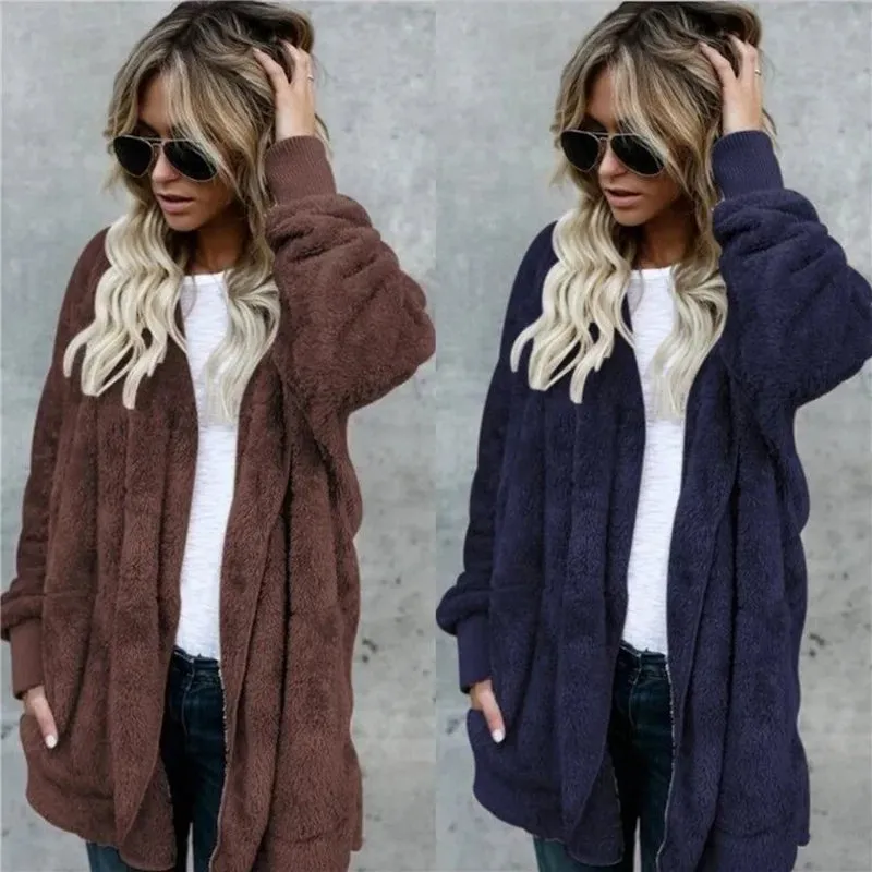 Plush Warm Jacket For Women Faux Fur Hooded Oversized Coat