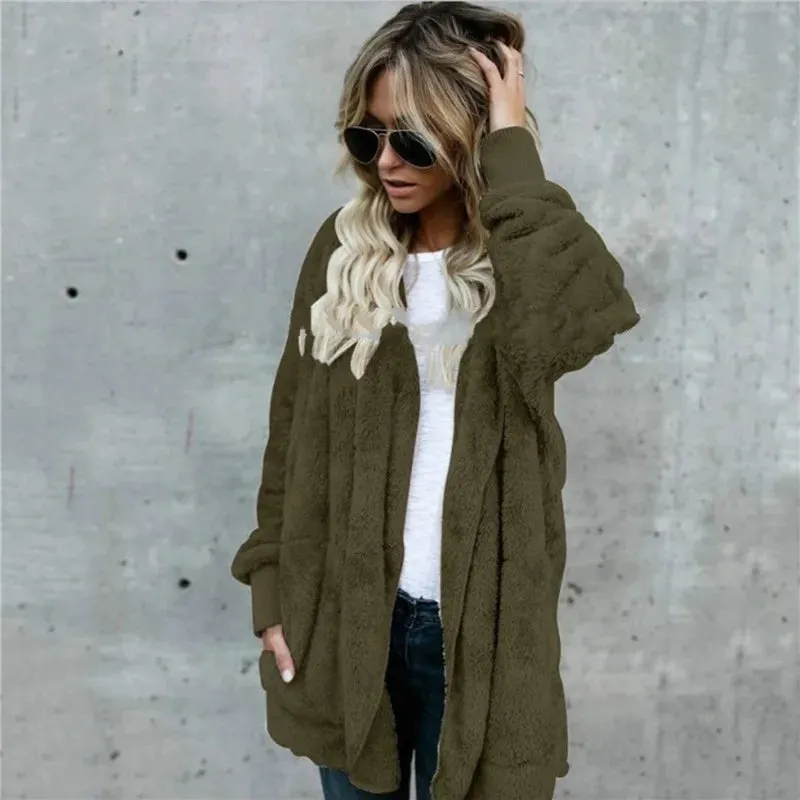 Plush Warm Jacket For Women Faux Fur Hooded Oversized Coat