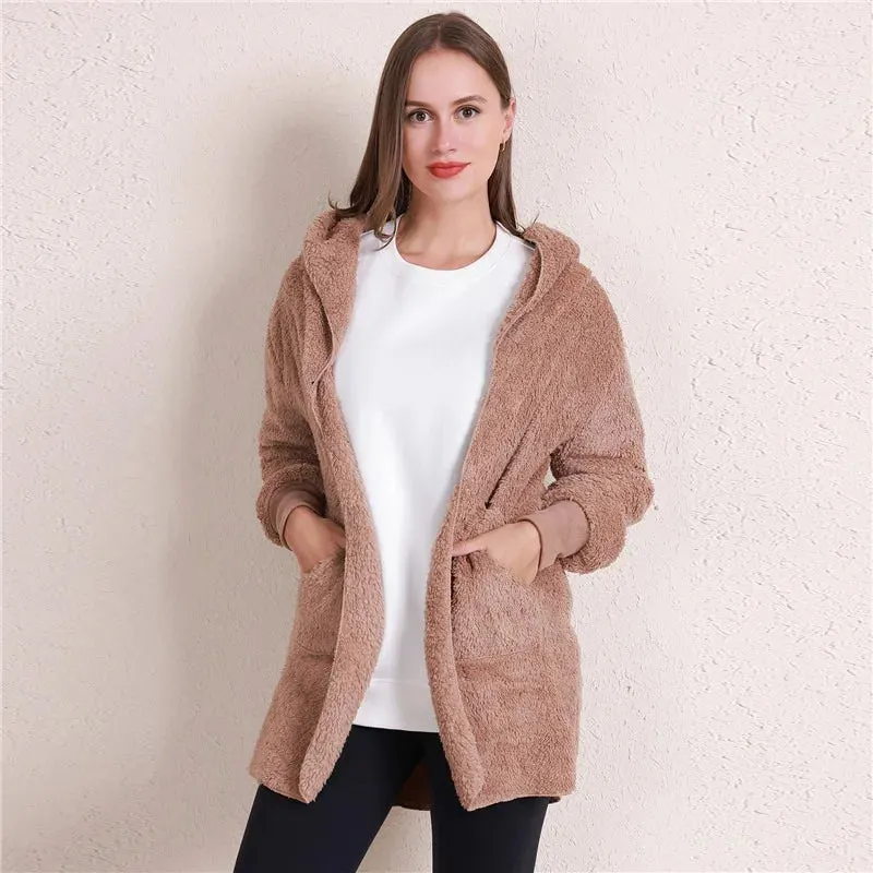 Plush Warm Jacket For Women Faux Fur Hooded Oversized Coat