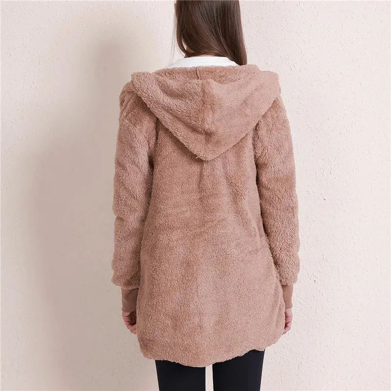 Plush Warm Jacket For Women Faux Fur Hooded Oversized Coat