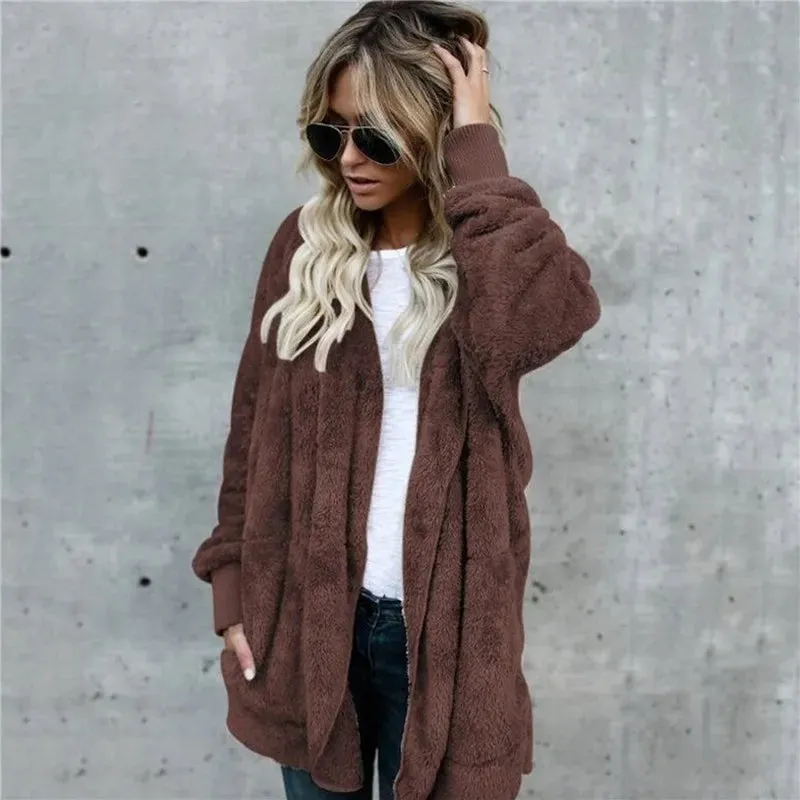 Plush Warm Jacket For Women Faux Fur Hooded Oversized Coat