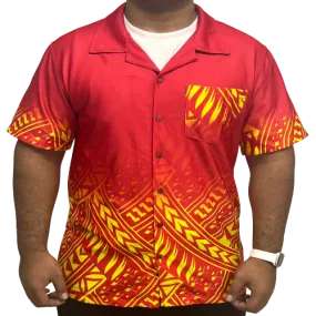 Polynesian Short Sleeve Shirt Tribal Design Red and Sunset Orange