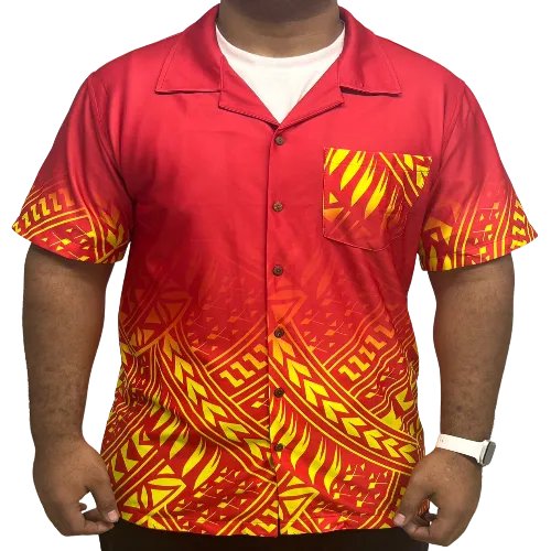 Polynesian Short Sleeve Shirt Tribal Design Red and Sunset Orange