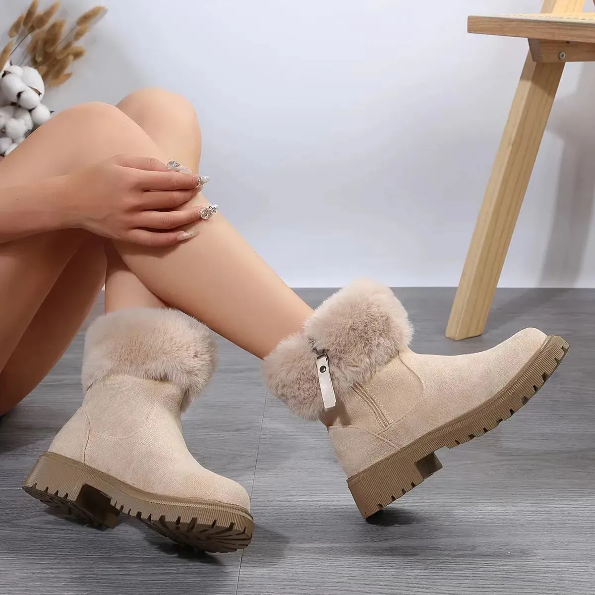 Warm Plush Boots Winter Fashion Side-Zipper Snow Boot For Women Outdoor Thickened Low-heelded Shoes