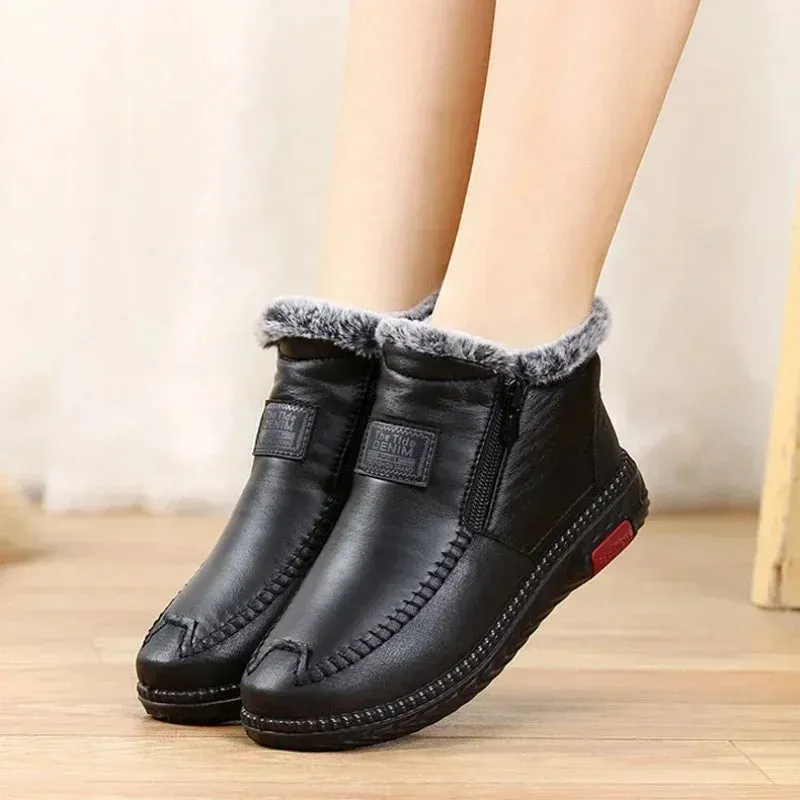 Women's Plush Ankle Snow Boots – Waterproof, Anti-Slip Winter Boots, Cotton Leather Casual Shoes, Warm Fur Lined Botas Mujer
