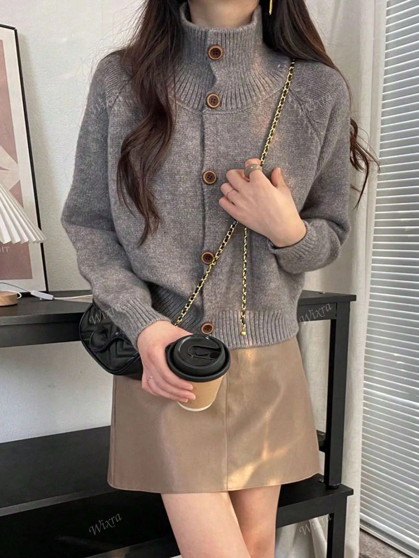Women's Solid Color Raglan Sleeve Long Sleeve Fashionable Versatile High Neck Knit Cardigan, Autumn/Winter
