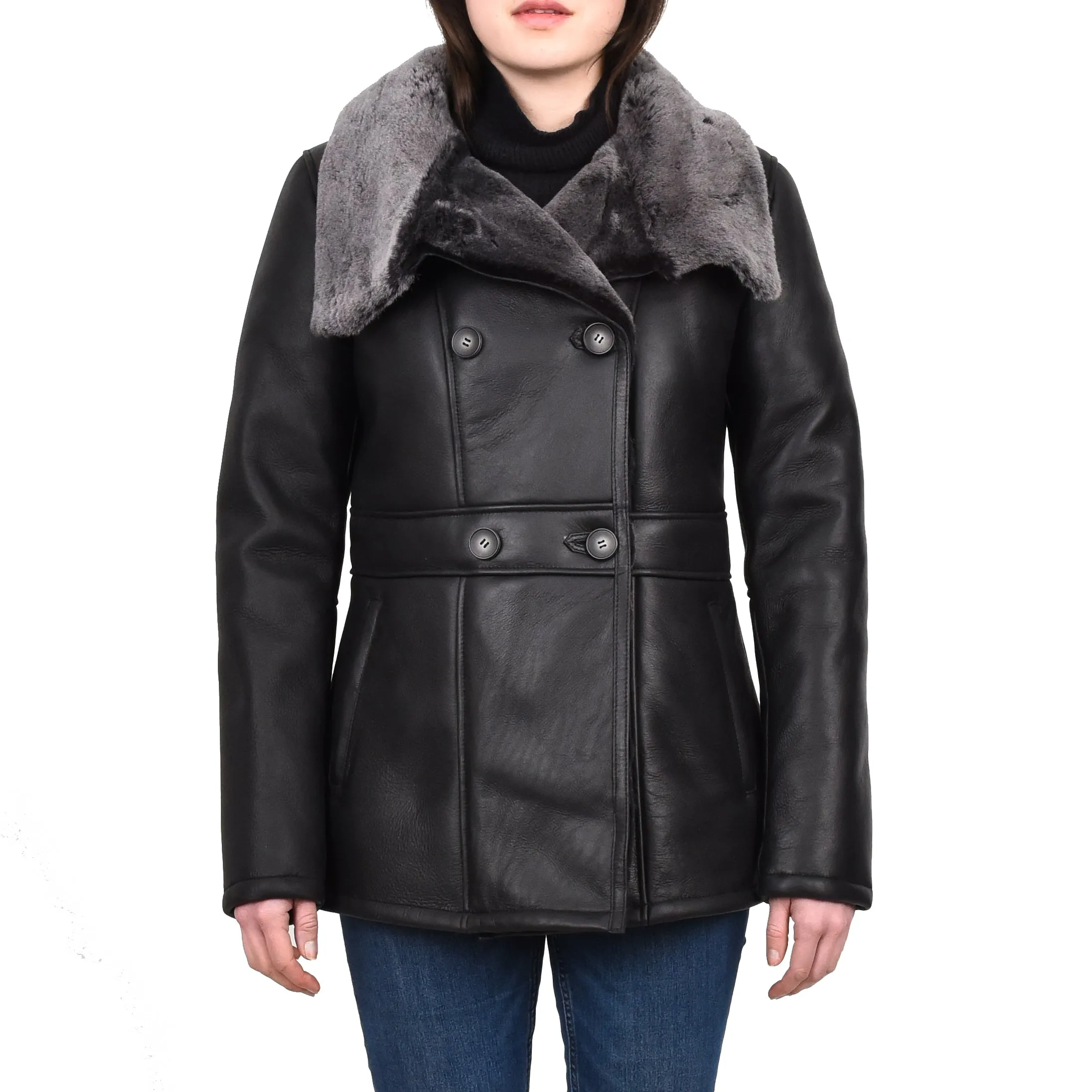 Women's Supple Sheepskin Double Breasted Fur Collar Coat Black Thelma
