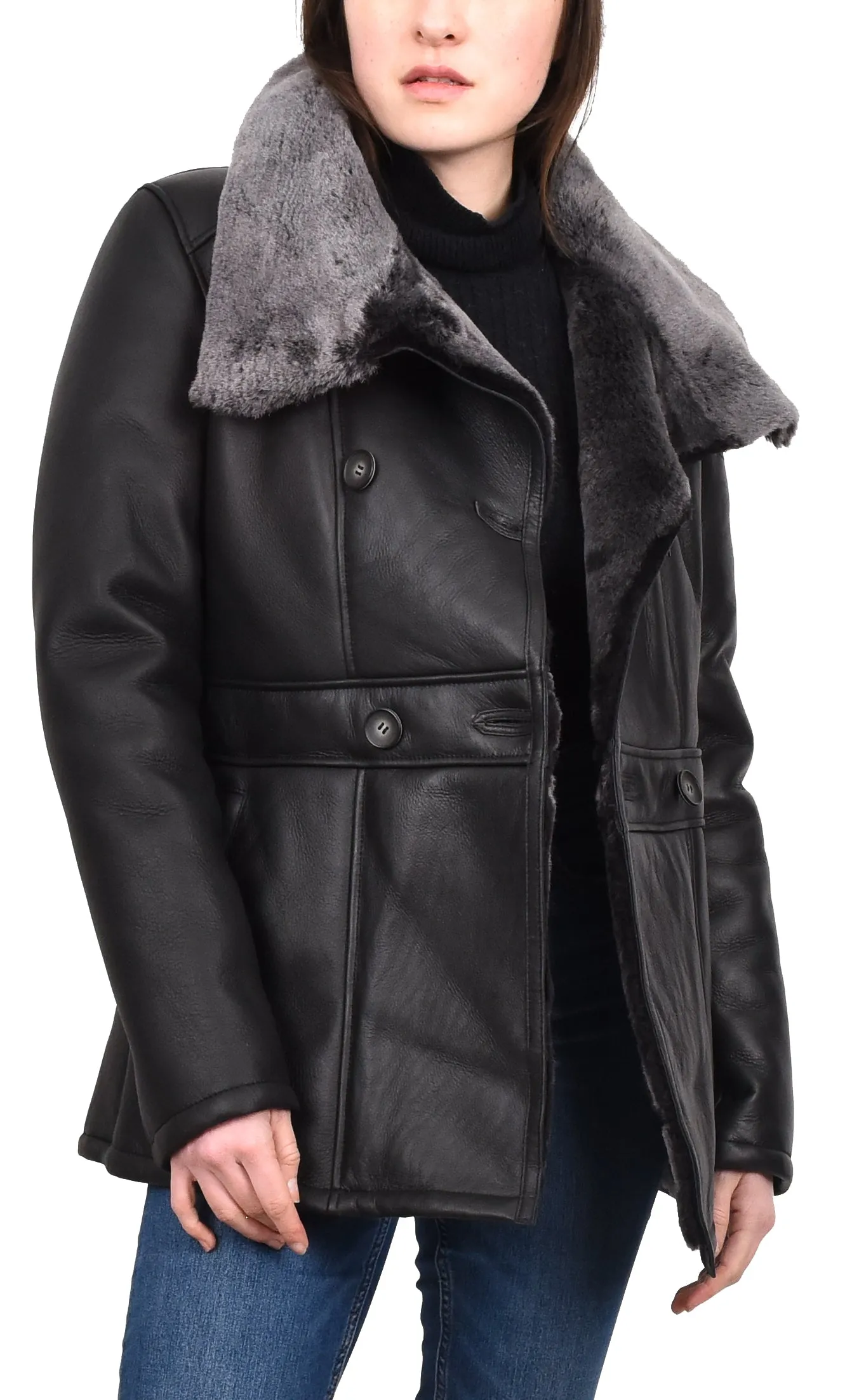 Women's Supple Sheepskin Double Breasted Fur Collar Coat Black Thelma