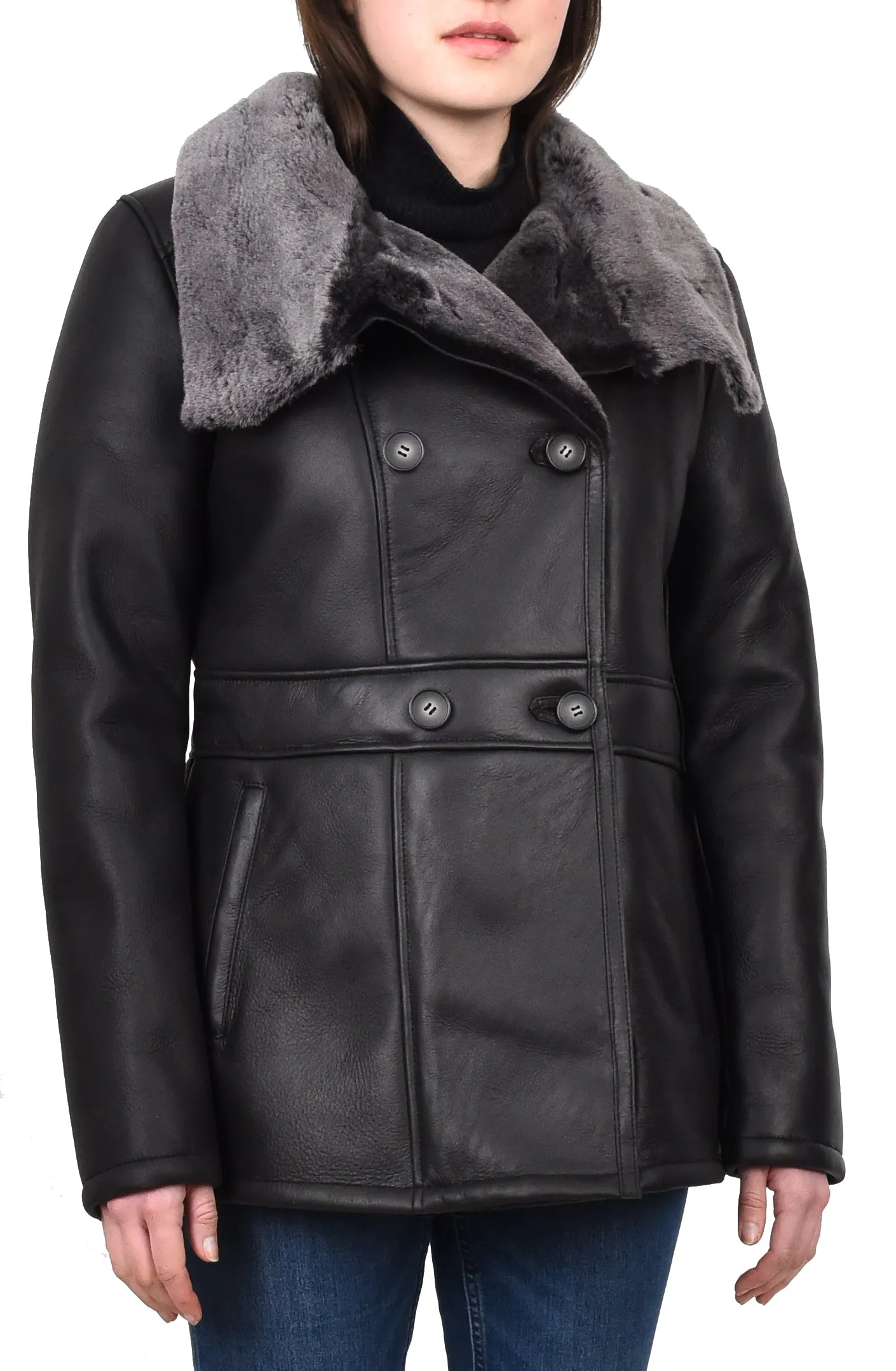 Women's Supple Sheepskin Double Breasted Fur Collar Coat Black Thelma