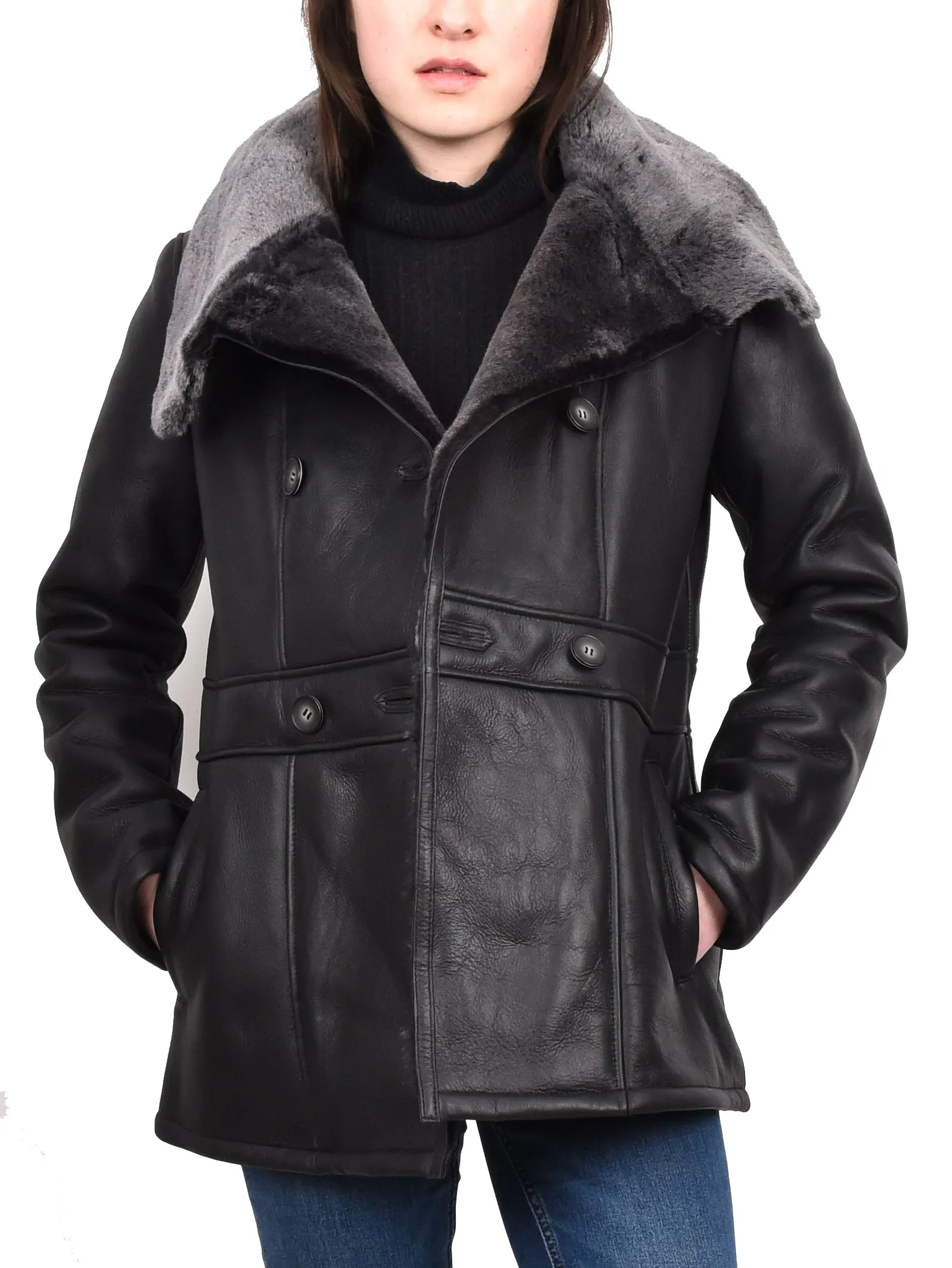 Women's Supple Sheepskin Double Breasted Fur Collar Coat Black Thelma