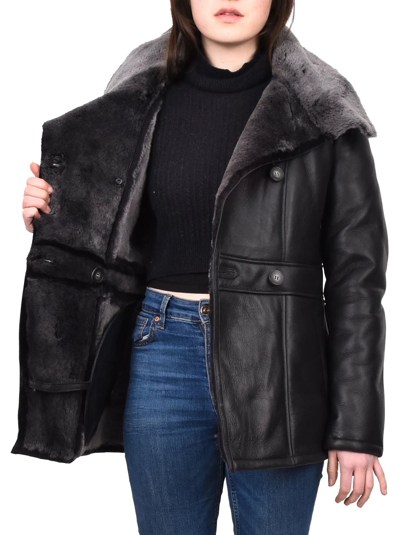 Women's Supple Sheepskin Double Breasted Fur Collar Coat Black Thelma