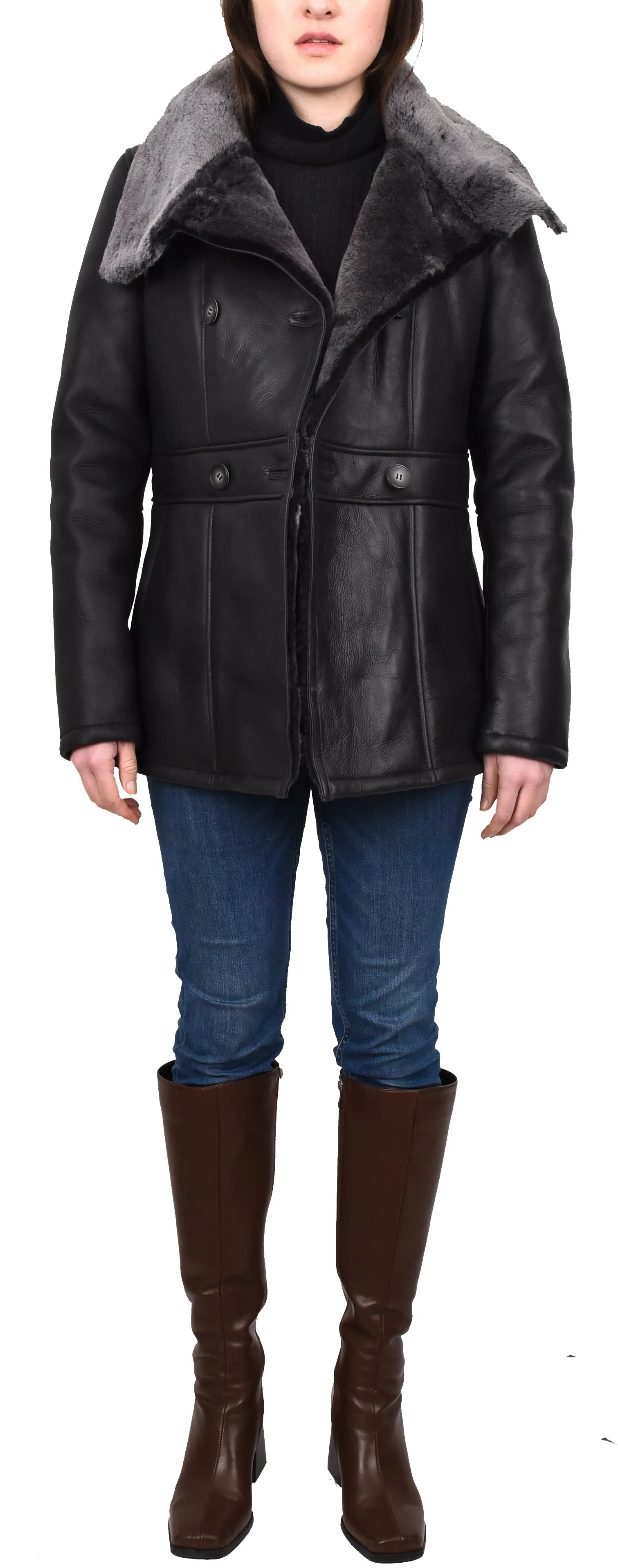 Women's Supple Sheepskin Double Breasted Fur Collar Coat Black Thelma