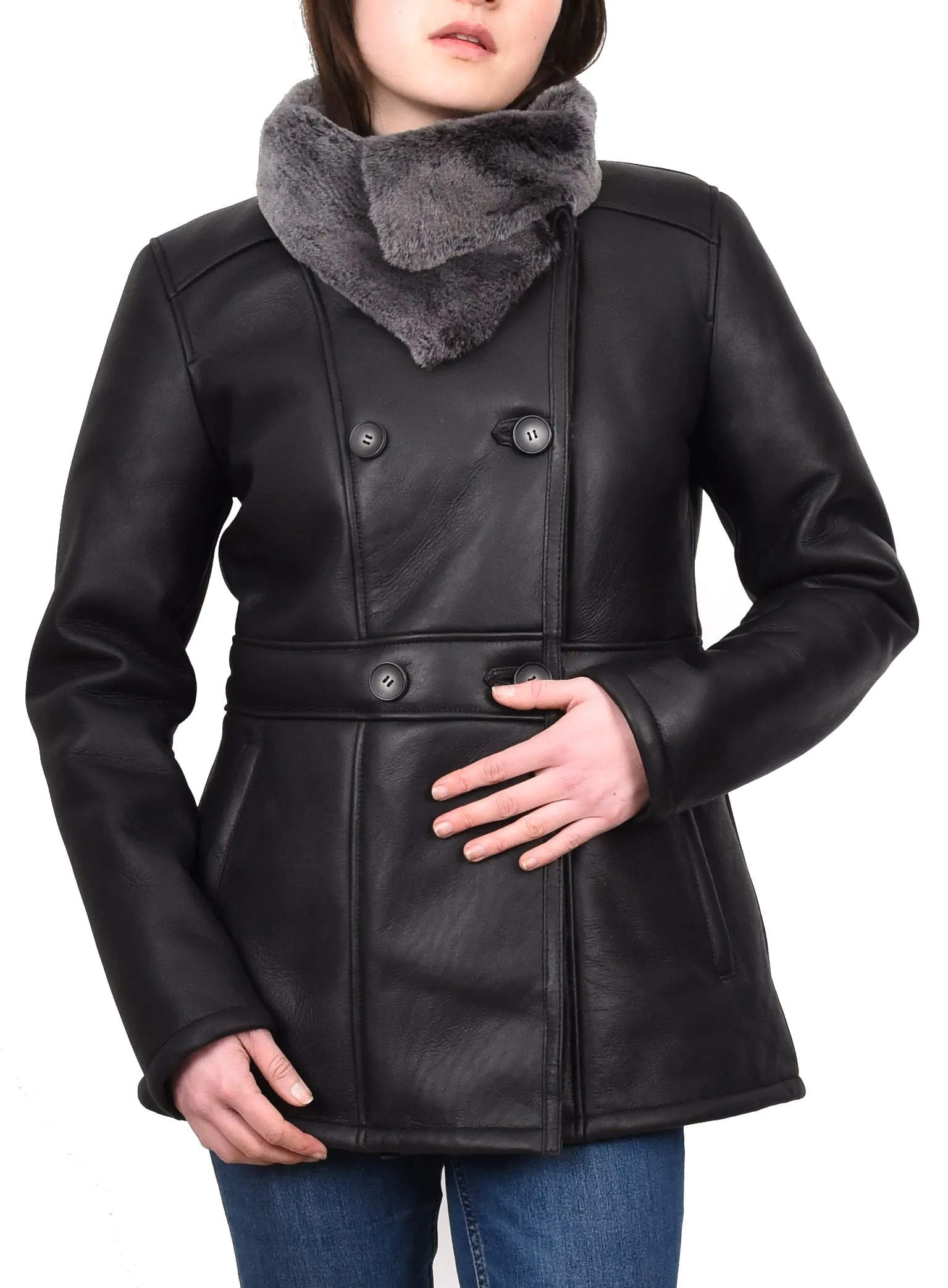 Women's Supple Sheepskin Double Breasted Fur Collar Coat Black Thelma