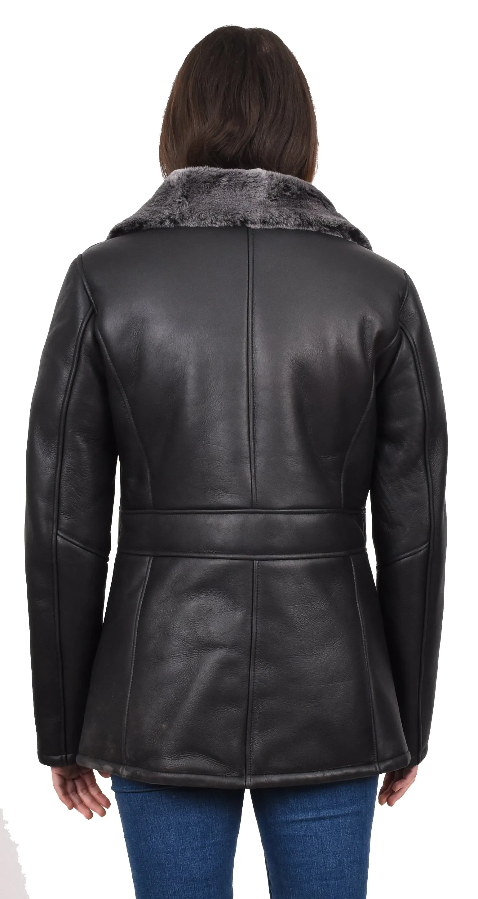 Women's Supple Sheepskin Double Breasted Fur Collar Coat Black Thelma