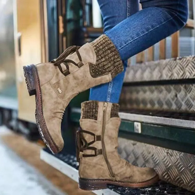 Women's sweater cuff snow boots mid calf zipper low heel back lace-up boots