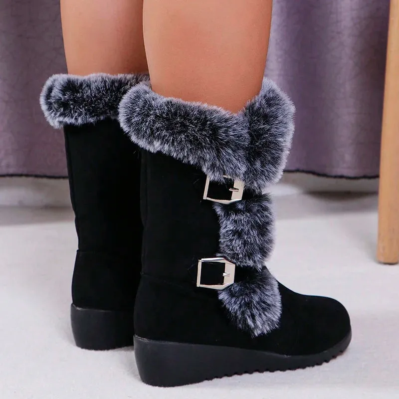 Women's Wedge-Heeled Snow Boots - Fashionable Buckle Design Faux Fur Mid-Calf Comfortable Thicken Plush Winter Boots