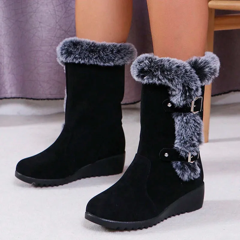 Women's Wedge-Heeled Snow Boots - Fashionable Buckle Design Faux Fur Mid-Calf Comfortable Thicken Plush Winter Boots