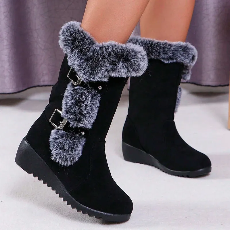 Women's Wedge-Heeled Snow Boots - Fashionable Buckle Design Faux Fur Mid-Calf Comfortable Thicken Plush Winter Boots