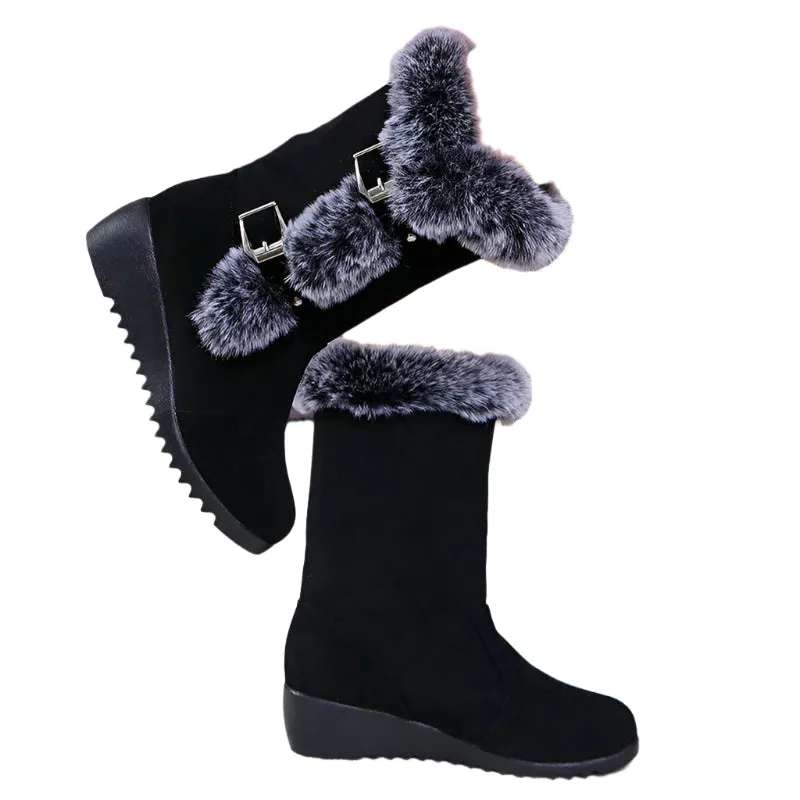 Women's Wedge-Heeled Snow Boots - Fashionable Buckle Design Faux Fur Mid-Calf Comfortable Thicken Plush Winter Boots