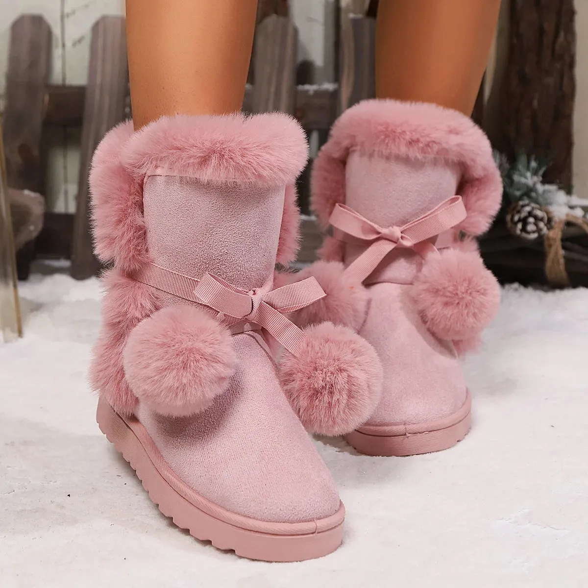 Women’s Winter Pompom Boots - Plus Velvet Warm Soft Sole Snow Boots for Indoor Walking Shoes, Zapatos De Mujer