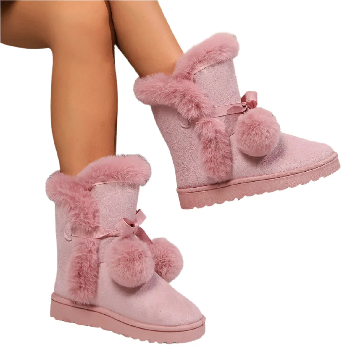 Women’s Winter Pompom Boots - Plus Velvet Warm Soft Sole Snow Boots for Indoor Walking Shoes, Zapatos De Mujer